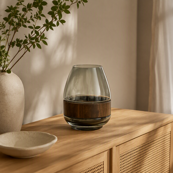 Un vase élégant associant verre transparent et bois foncé, idéal pour une décoration moderne et chaleureuse.