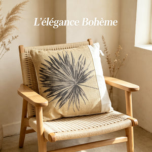Coussin décoratif carré en jute avec motif palmier gris