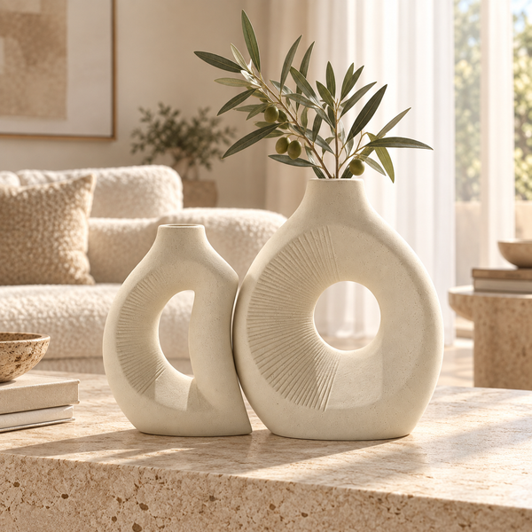 Duo de Vases Sculpturaux Ivoire – Relief Rayonnant