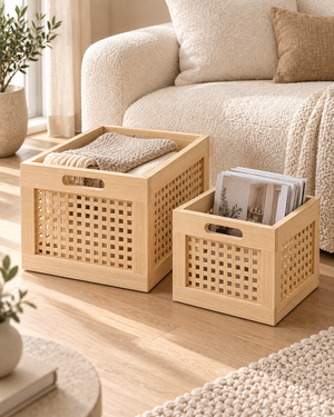 Caisse de rangement ajourée en bois naturel – 2 formats