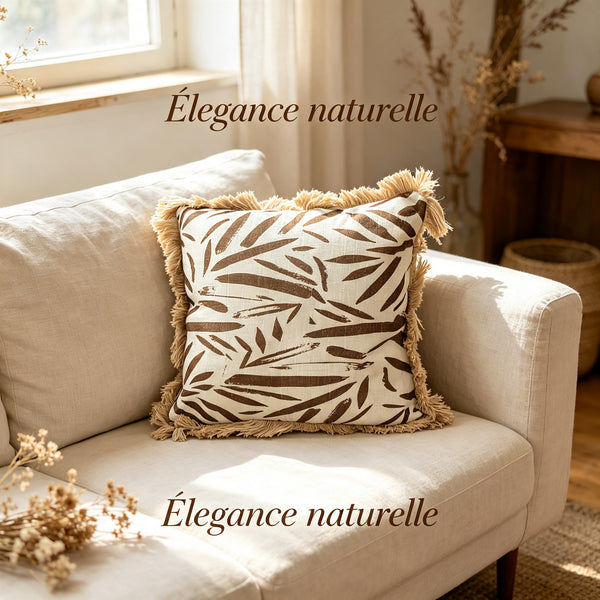 Coussin décoratif carré en coton et jute avec motif abstrait brun