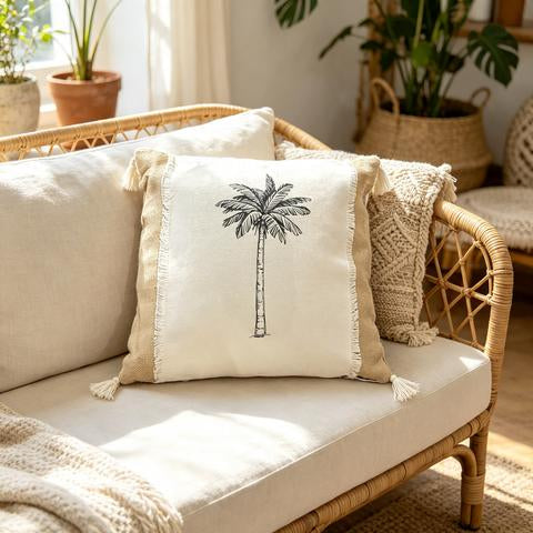 Coussin décoratif carré en toile naturelle avec palmier noir