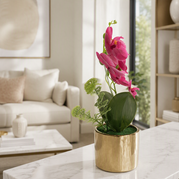 Artificial Pink Orchid in a Gold Pot