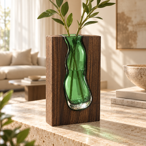 Vase Sculptural Émeraude – Bois et Verre