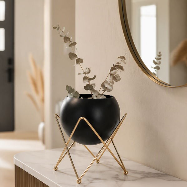Black Planter on Gold Geometric Stand