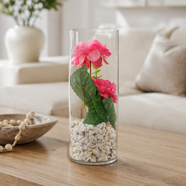 Artificial Peony Flower Arrangement in Clear Cylinder Vase with White Pebbles – Pink or White