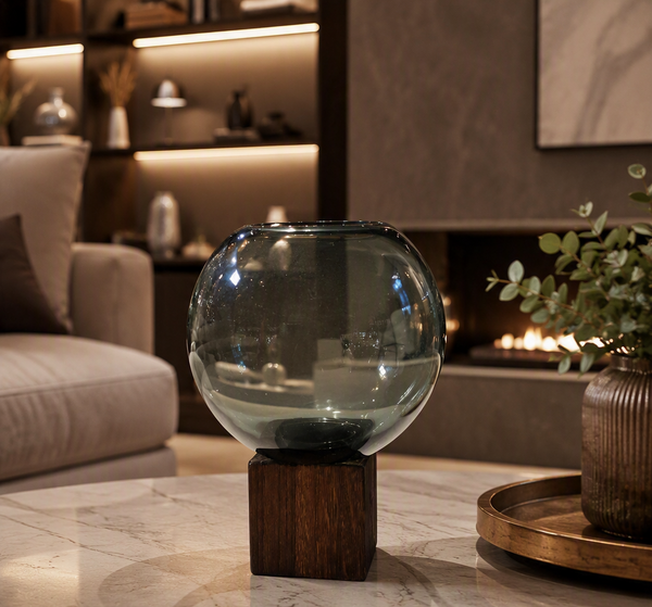 Élégance fumée — vase en verre et bois