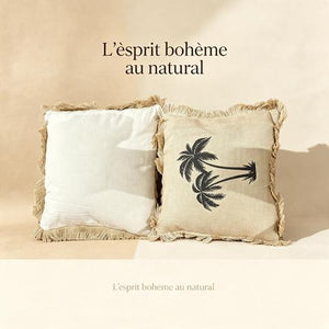Coussin décoratif en toile naturelle avec motif de deux palmiers