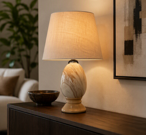 Lampe de Table en Céramique Marbrée et Base Dorée