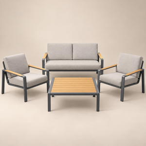 Salon de jardin 4 pièces aluminium et bois – Canapé, fauteuils et table basse