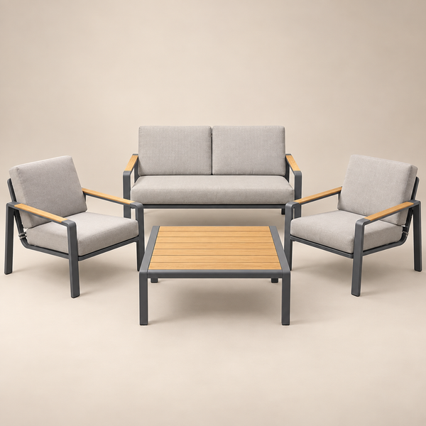 Salon de jardin 4 pièces aluminium et bois – Canapé, fauteuils et table basse