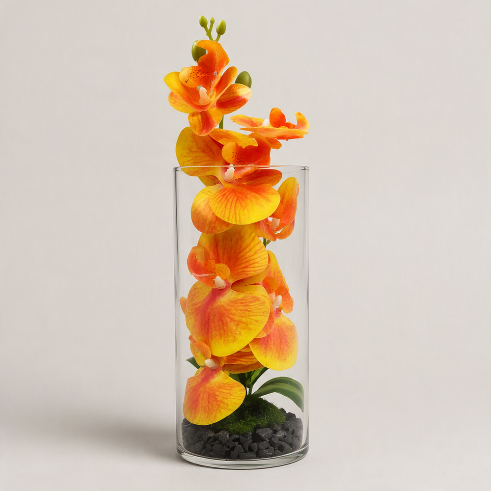 Vase Décoratif en Verre avec Fleurs Orchidées Artificielles