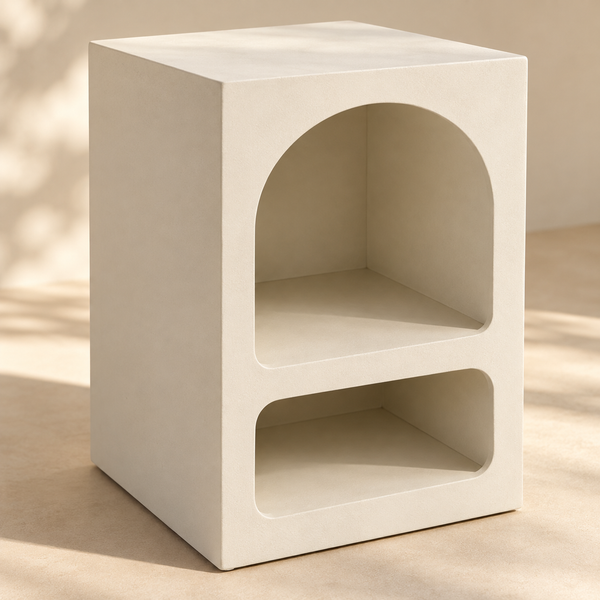 Table de chevet sculpturale bi-niches en résine/plâtre – Arche et rectangle