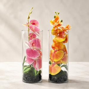 Vase Décoratif en Verre avec Fleurs Orchidées Artificielles
