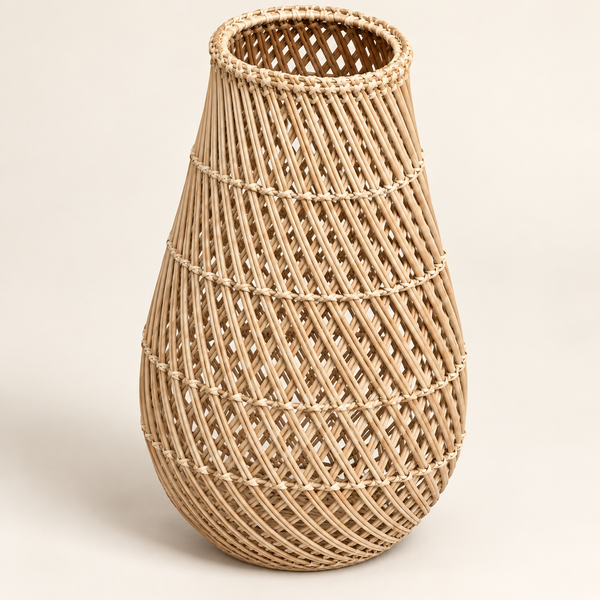 Vase panier en rotin tressé façon carafe – Style bohème naturel