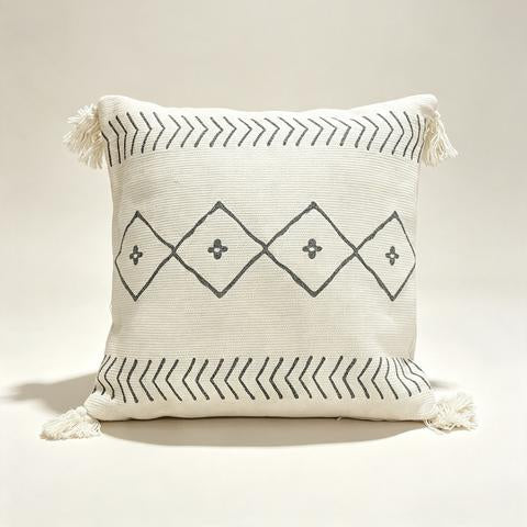 Coussin décoratif écru à motifs chevrons et losanges anthracite