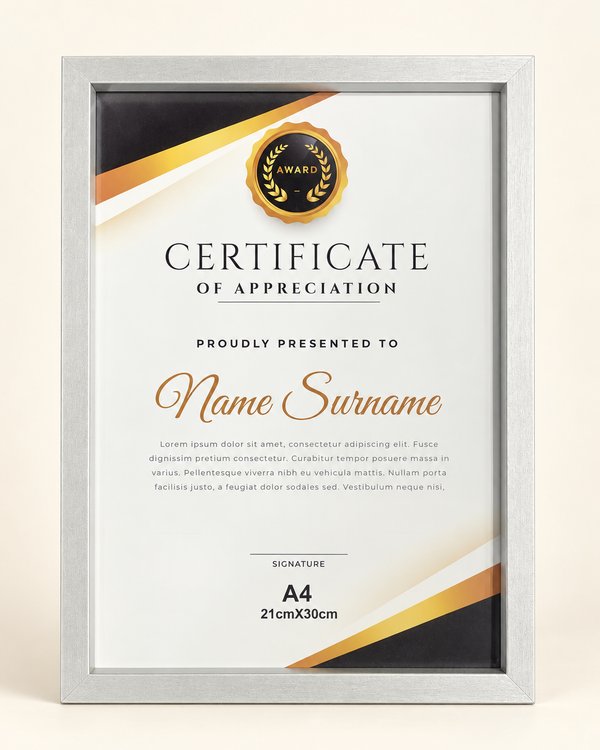 Cadre Certificat A4 Argenté – 21 × 30 cm