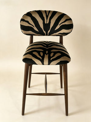 Chaise de bar motif zèbre en velours – Piètement bois massif style mid-century