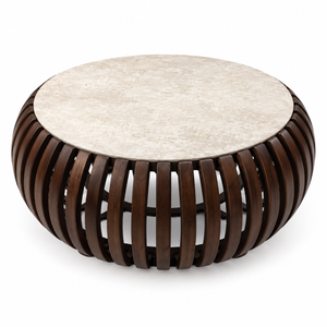 Table Basse Ronde Sculpturale – Bois & Effet Pierre