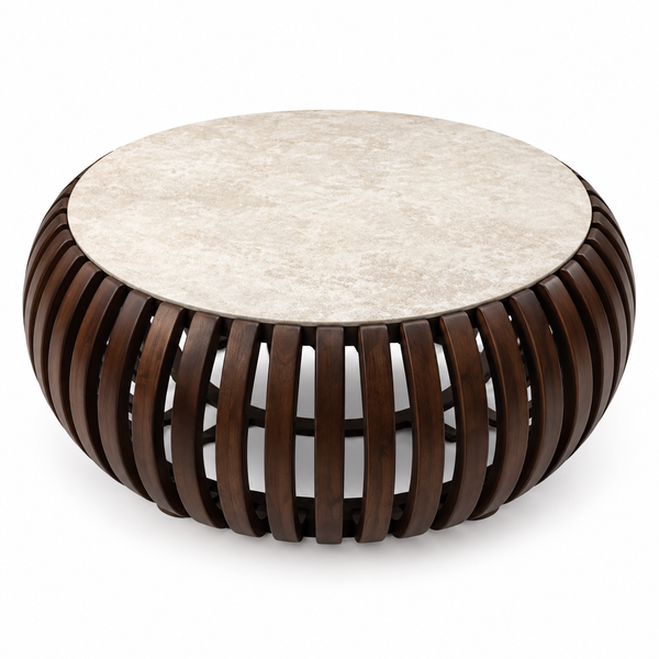 Table Basse Ronde Sculpturale – Bois & Effet Pierre
