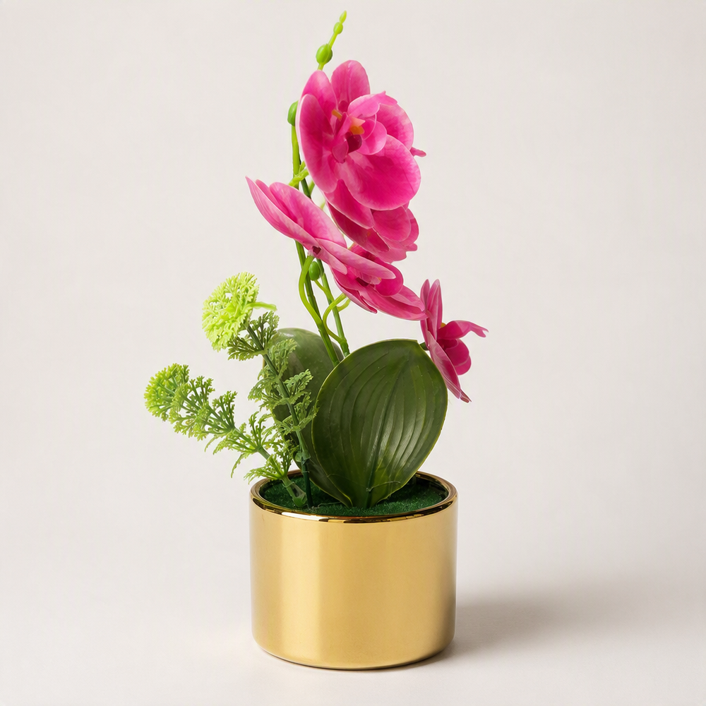 Artificial Pink Orchid in a Gold Pot