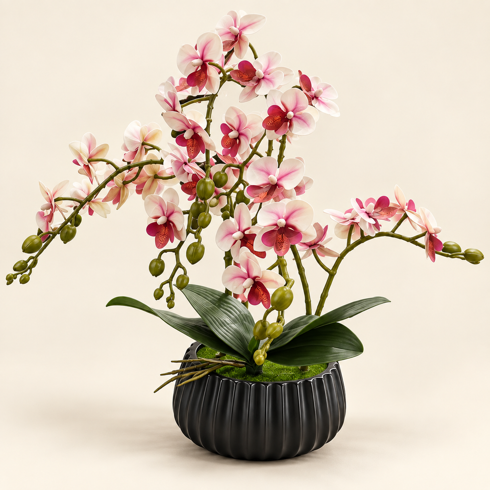 Orchidée Rose Artificielle – Pot Noir