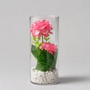 Artificial Peony Flower Arrangement in Clear Cylinder Vase with White Pebbles – Pink or White