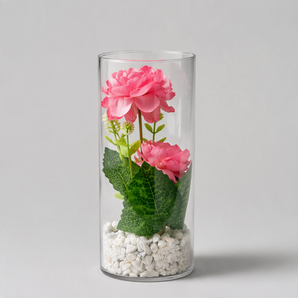 Artificial Peony Flower Arrangement in Clear Cylinder Vase with White Pebbles – Pink or White