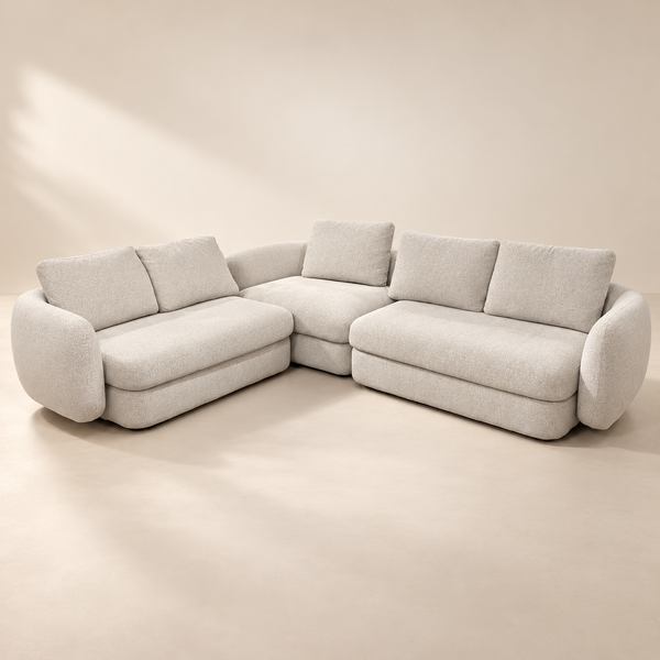 Canapé d'angle arrondi en tissu bouclé crème – Design doux & enveloppant