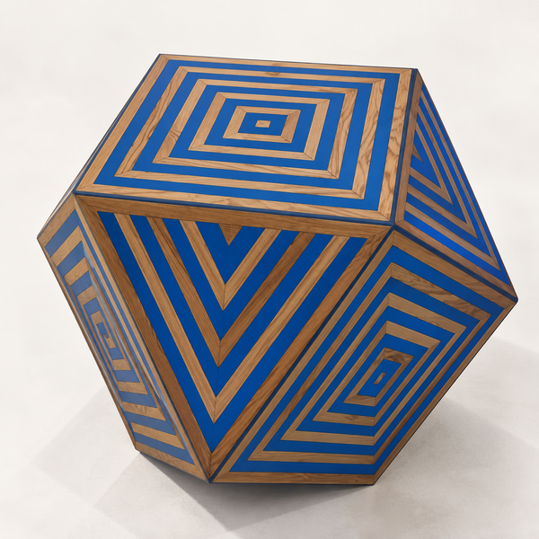 Table d'appoint géométrique marquetée bleu et bois – Motif op-art concentrique