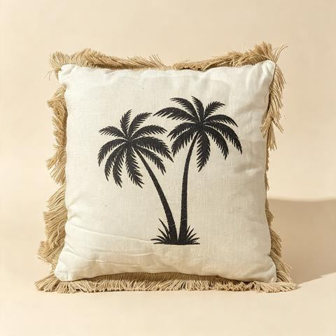 Coussin décoratif en toile naturelle avec motif de deux palmiers