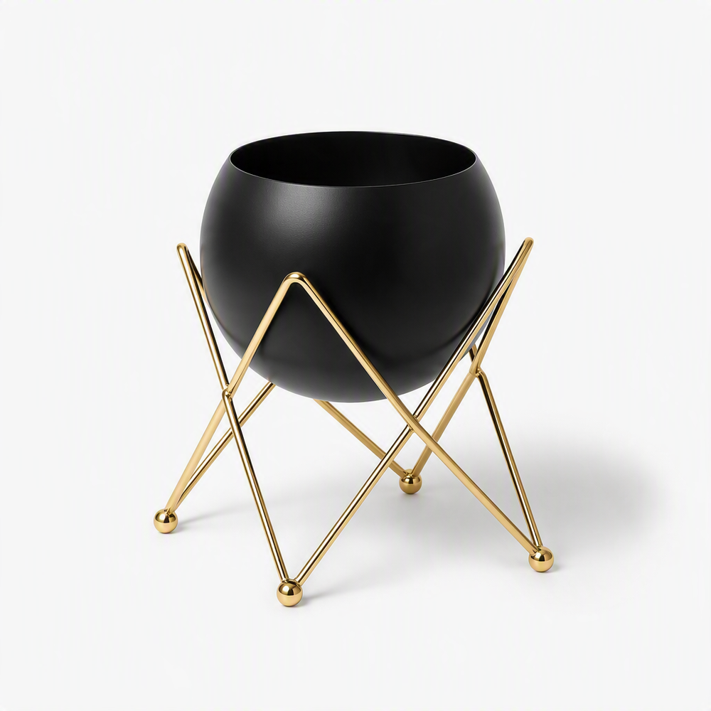 Black Planter on Gold Geometric Stand