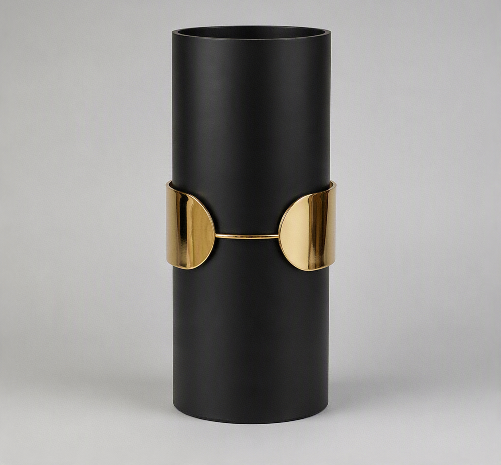 Vase Cylindrique Noir Mat avec Bande Dorée