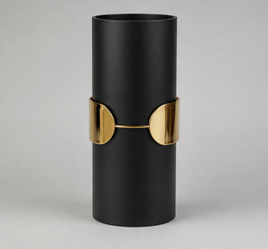 Vase Cylindrique Noir Mat avec Bande Dorée