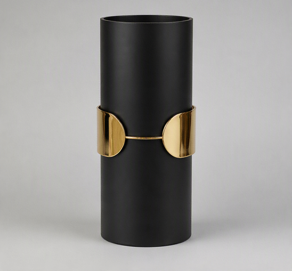 Vase Cylindrique Noir Mat avec Bande Dorée