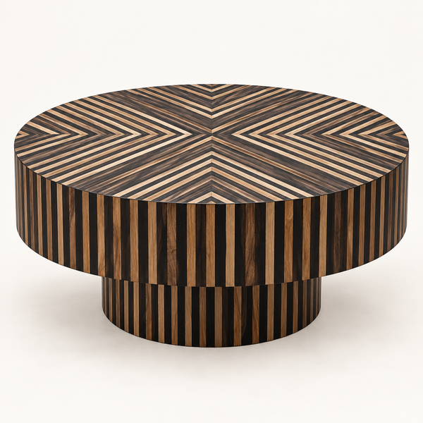 Table basse ronde marquetée bois clair et bois foncé – Motif soleil rayonnant, base piédestal