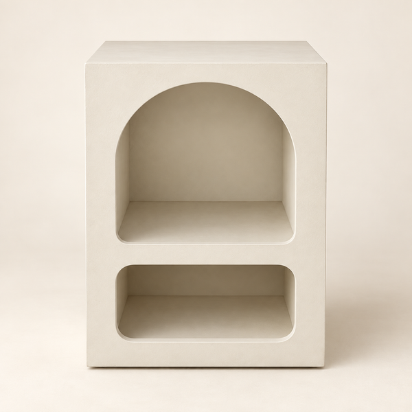 Table de chevet sculpturale bi-niches en résine/plâtre – Arche et rectangle