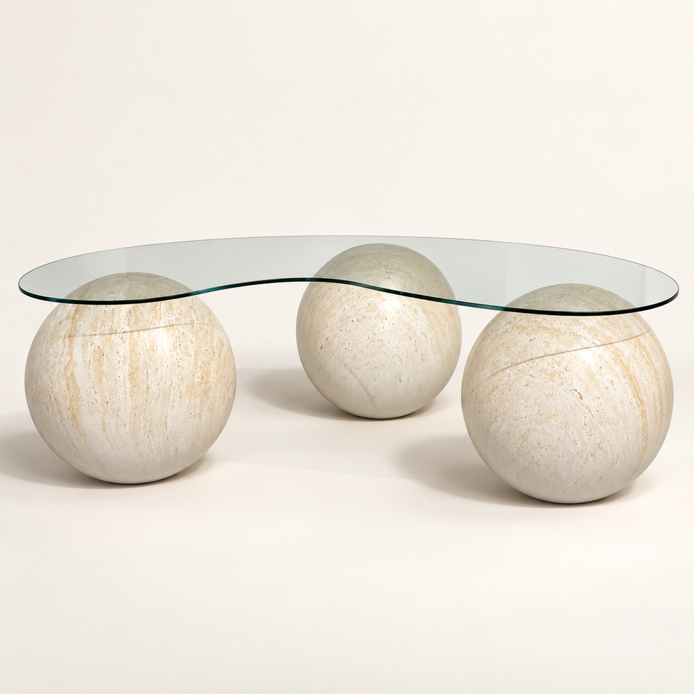 Table basse Sphères : plateau en verre et pieds en travertin