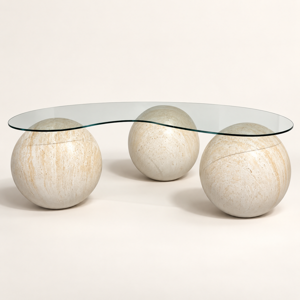 Table basse Sphères : plateau en verre et pieds en travertin