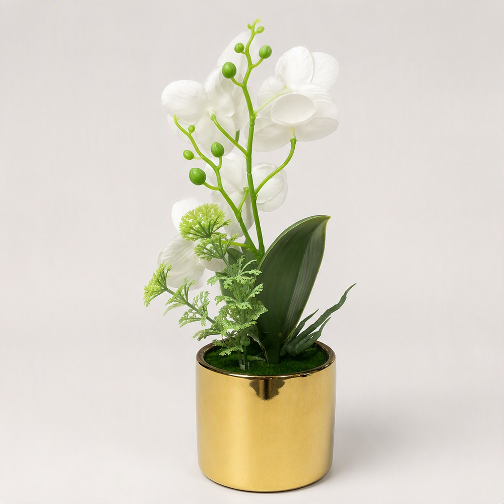 Orchidée artificielle en pot doré