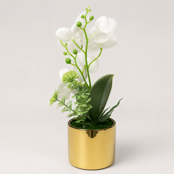 Orchidée artificielle en pot doré