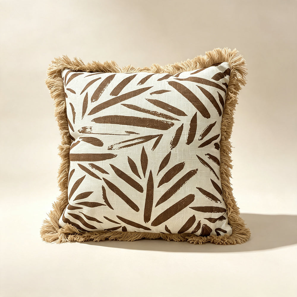 Coussin décoratif carré en coton et jute avec motif abstrait brun