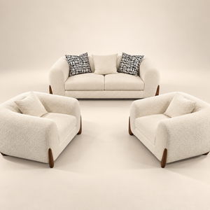Ensemble salon 2+1+1 en tissu bouclé crème – Pieds bois noyer & design arrondi