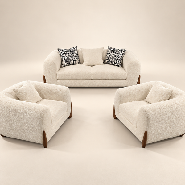 Ensemble salon 2+1+1 en tissu bouclé crème – Pieds bois noyer & design arrondi