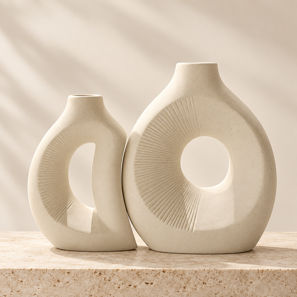 Duo de Vases Sculpturaux Ivoire – Relief Rayonnant