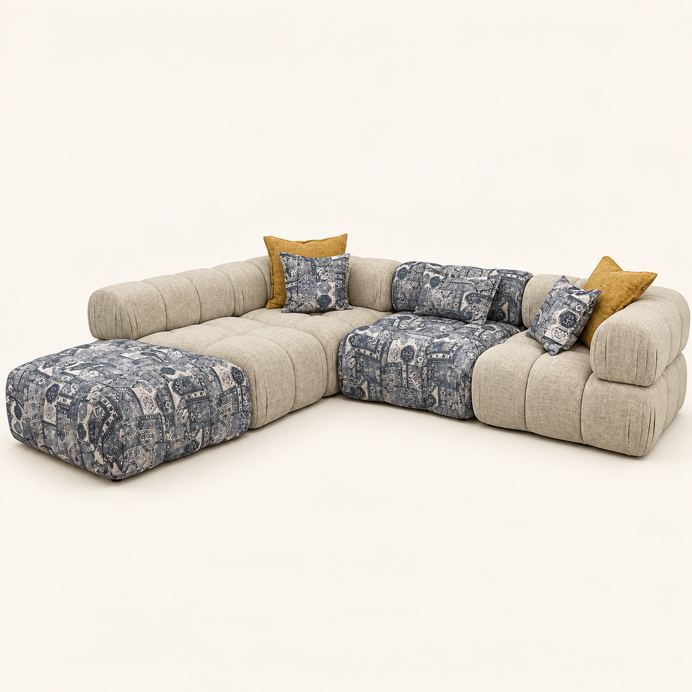 Canapé d'angle modulable Patchwork : capitonné beige &amp; motifs bleu indigo