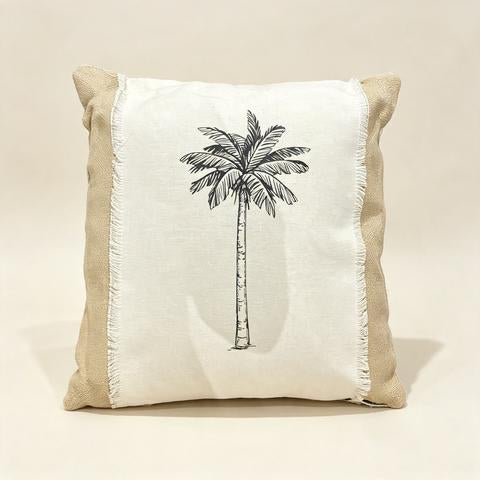 Coussin décoratif carré en toile naturelle avec palmier noir