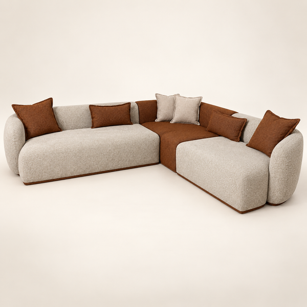 Canapé d'angle bicolore en tissu texturé gris clair & terracotta – Design arrondi & contrasté (dim)