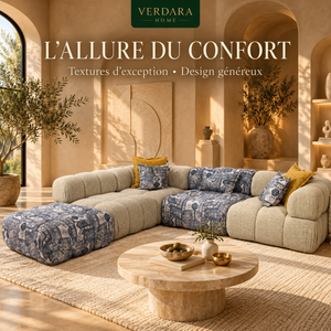 Canapé d'angle modulable Patchwork : capitonné beige &amp; motifs bleu indigo
