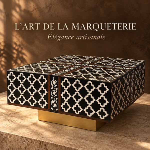 Table basse marquetée motif quatrefoil noir et ivoire – Socle laiton